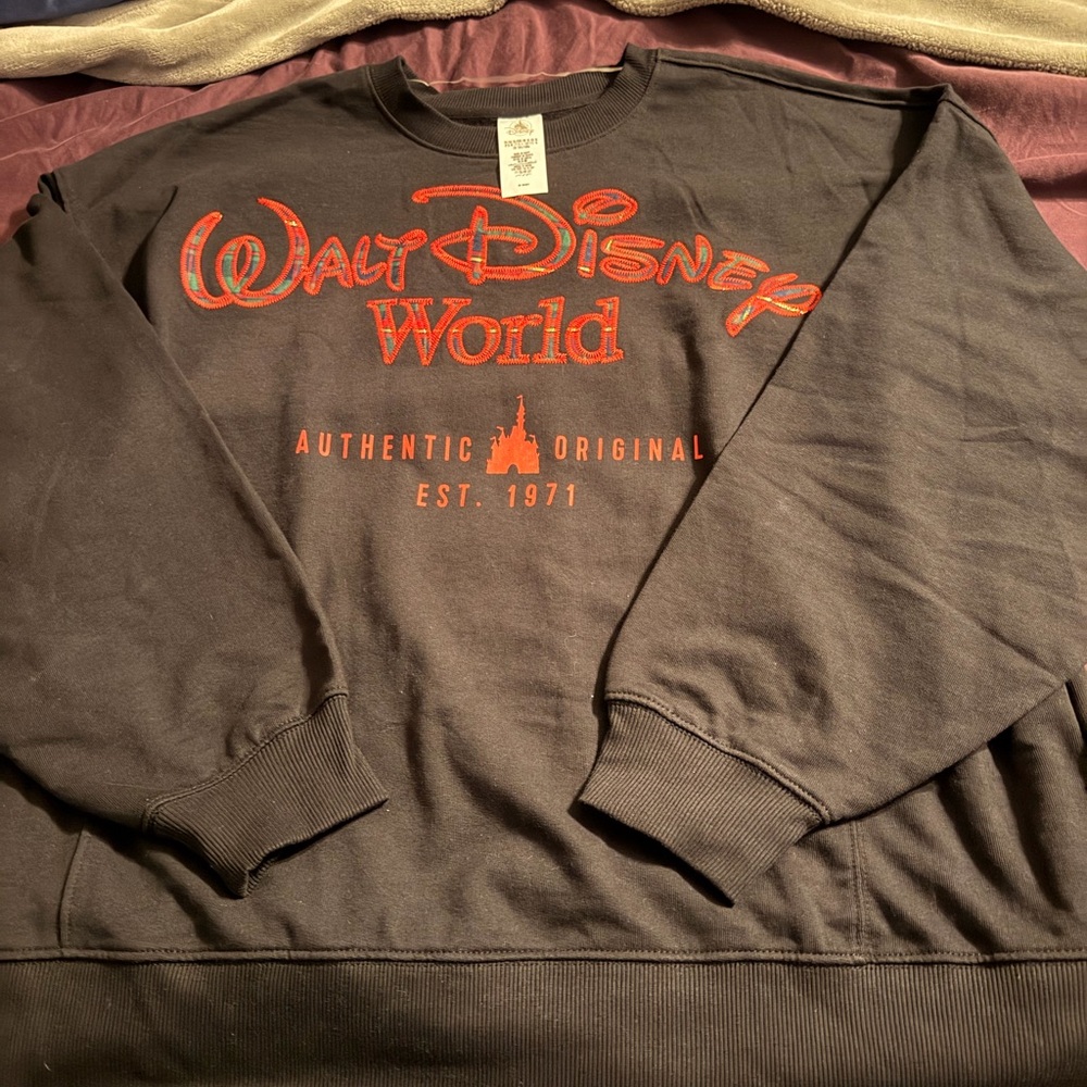 Disney Black Sweatshirt with Red Plaid Logo
